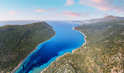 Aerial view of a sea bottom Kekova Bay and island with abstract natural patterns. Summer holyday wallpaper