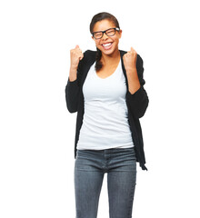 Winner, yes and excited or happy woman isolated on transparent png background for education,...