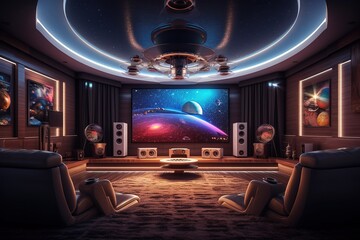 Home cinema, living room with colored LED lighting - Smart home. Generative AI