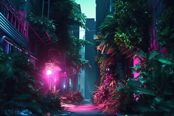 Obraz na płótnie Canvas Image of green foliage, purple lighting and purple trees in a dark alley, futuristic sci-fi style. Generative AI