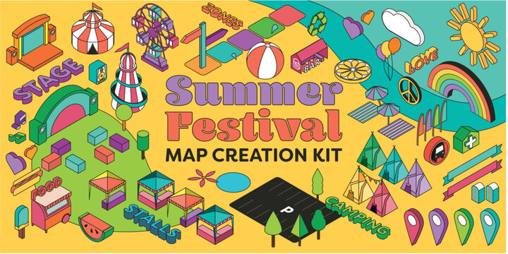 Summer Festival Isometric Map Creation Kit for Events, Fairs, Fetes, Festivals and Carnivals. 3D plan view in vector format.