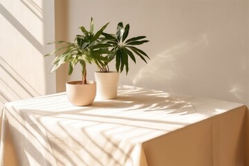 Elegant Beige Cotton Tablecloth on Counter Table with Tropical Vibes. Generative AI