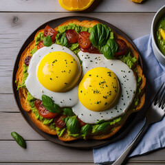  freshly made toast with smashed avocado on top with fried egg , Ai generated
