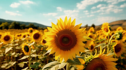 Natural landscape of a field of sunflowers on a sunny day
