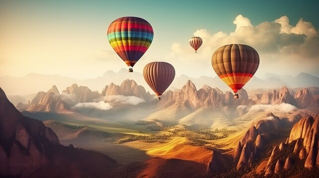 Three Hot Air Balloons Flying Over A Mountain Range