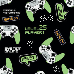 Abstract Seamless hand drawn pattern with joystick. Gamer elements for boy t-shirt design. Repeat print with gamepad sign for boys textile and more  © SokolArtStudio