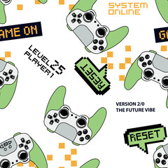 Abstract Seamless hand drawn pattern with joystick. Gamer elements for boy t-shirt design. Repeat print with gamepad sign for boys textile and more  © SokolArtStudio