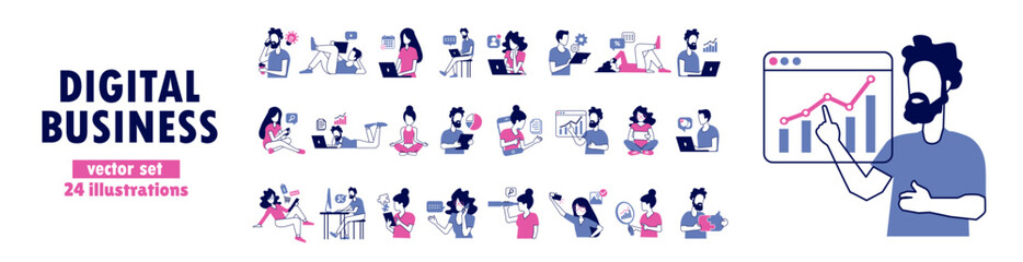 Set of vectors of men and women in various online business activities using mobile gadgets to communicate