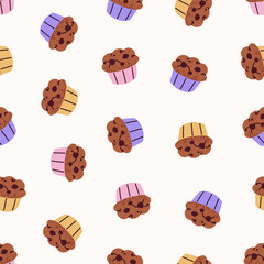 Cupcakes, seamless pattern. Sweet chocolate muffins, choco pastry texture design. Endless background, repeating print, bakery, confectionery, cup cakes. Flat vector illustration for wrapping, textile