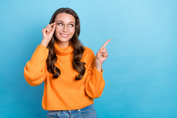 Photo attractive lady try new spectacles low prices advise optics shop wear knitted jumper isolated...