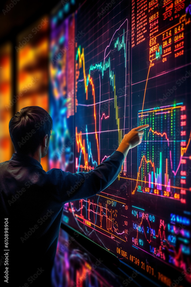 Poster  A photograph of a trader pointing at specific lines on a stock market chart, emphasizing the importance of analysis and strategy in making investment decisions.  Generative AI technology.