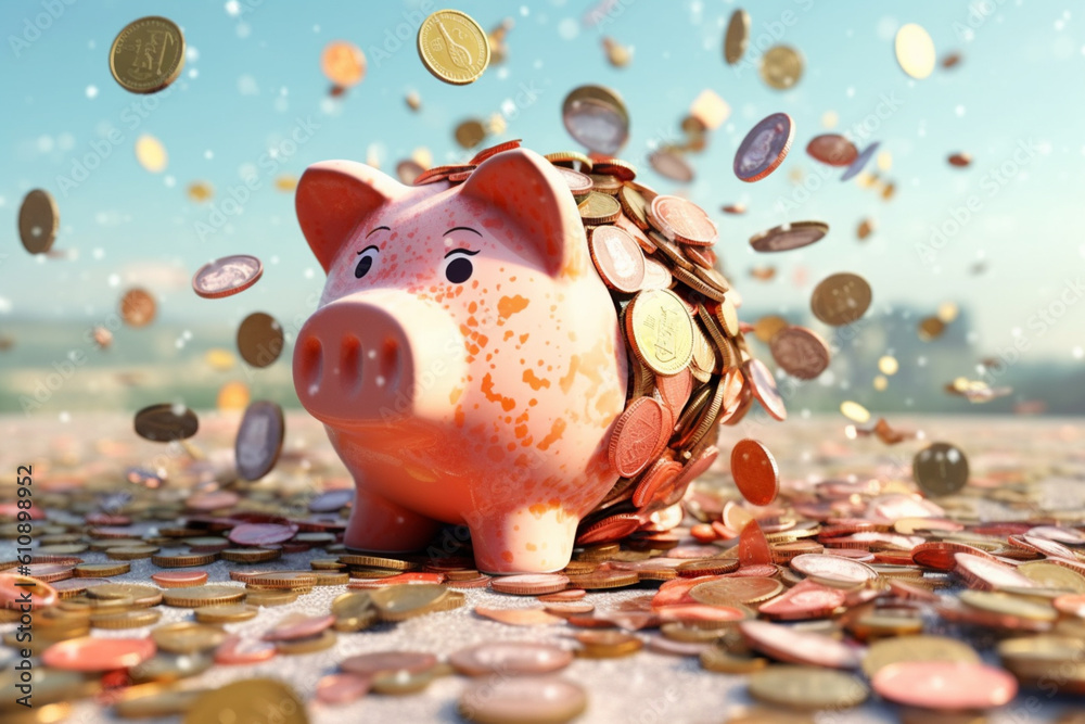 Aufkleber  An artistic representation of a broken piggy bank with scattered dollar coins, depicting the negative impact of a falling dollar on savings and financial stability.  Generative AI technology.