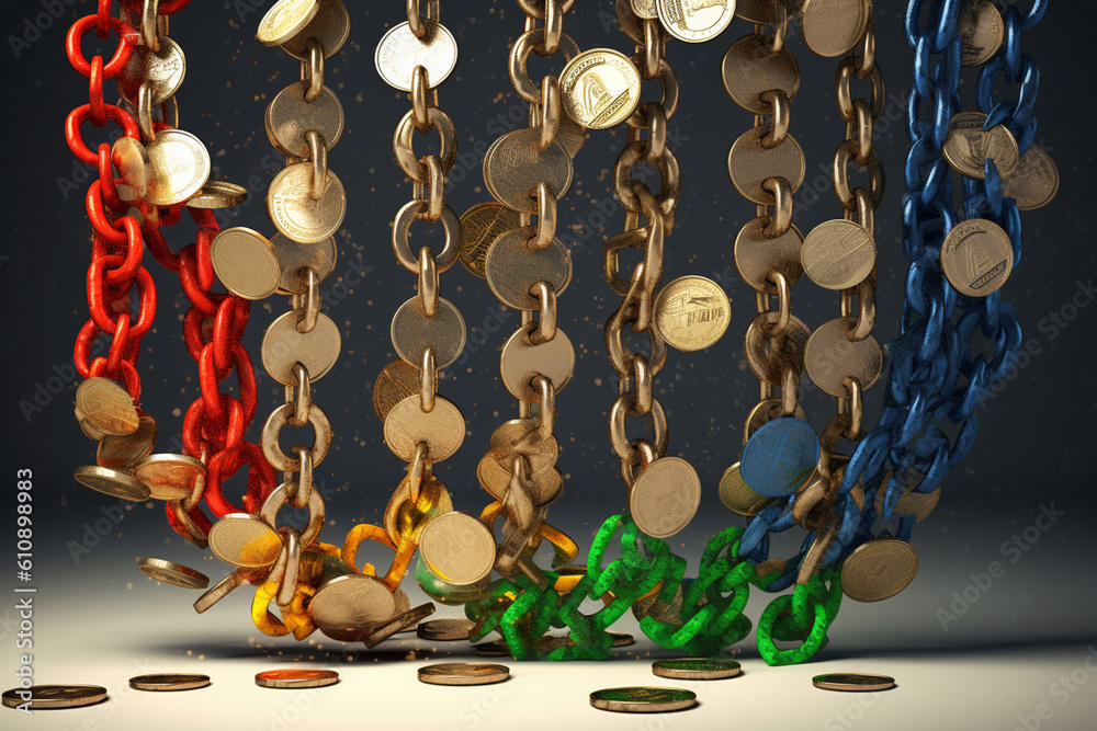 Poster An artistic representation of a broken chain with dollar signs as the links, portraying the fragility and vulnerability of the currency during a decline.  Generative AI technology.