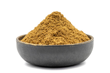Coriander powder isolated on white background. Powdered dried Coriander in bowl. Close up