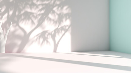 shadows and sunlight on a wall and flooring, pastel colors, shadows of trees and windows, generative ai