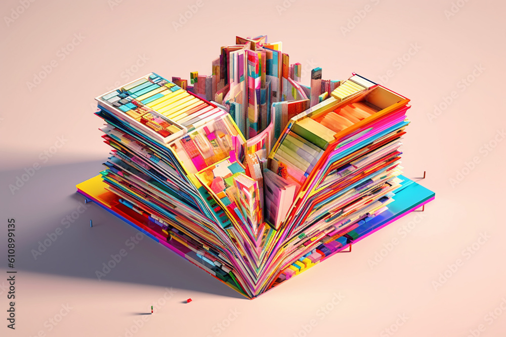 Fototapete  An abstract illustration of a book with colorful geometric shapes and patterns emerging from its pages.  Generative AI technology.