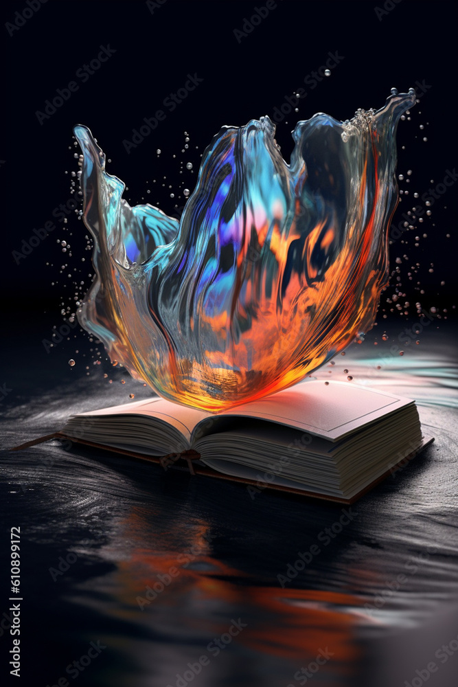 Poster  A digital composition of a book with pages composed of flowing water or waves, symbolizing the continuous flow of knowledge and the fluidity of learning.  Generative AI technology.