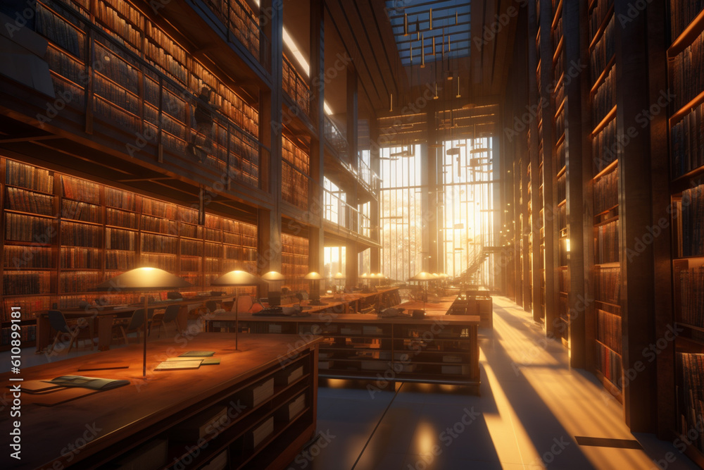 Aufkleber  A photograph of a library filled with rows of books, with soft lighting creating a cozy and inviting atmosphere, evoking a sense of intellectual exploration. Generative AI technology.