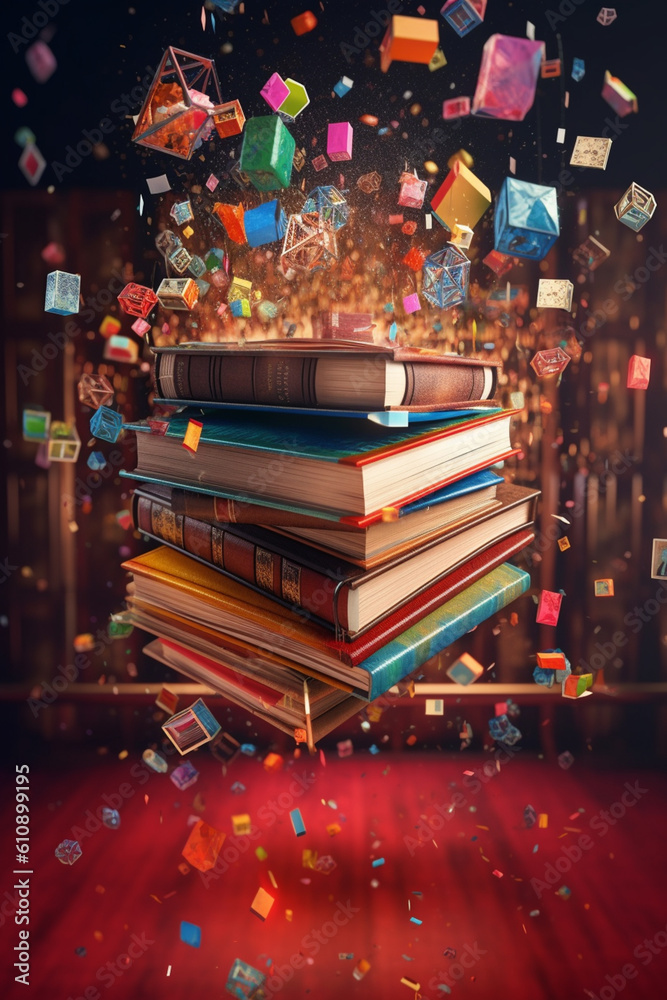 Fototapete a digital artwork featuring a floating book composed of colorful geometric shapes and patterns. gene