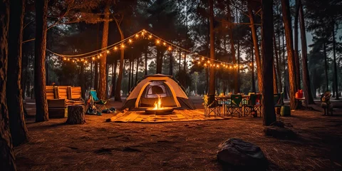 Foto op Canvas AI Generated. AI Generative. Evening camping party bonfire camp fire. Adventure vacation team bulidng party friends vibe. Graphic Art Illustration © Graphic Warrior