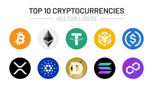 Set of cryptocurrencies vector. Bitcoin , ethereum, busd , ripple, cardano, dogecoin, solana, polygon logos.