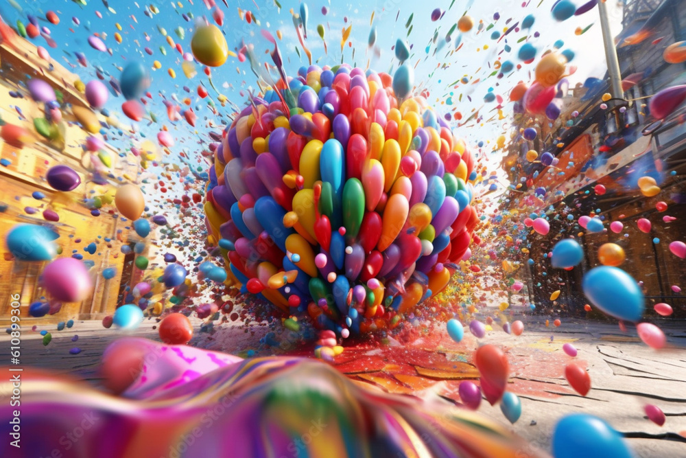 Aufkleber A digital composition of abstract balloons bursting into a shower of colorful confetti, conveying a sense of excitement and the release of joy.  Generative AI technology.