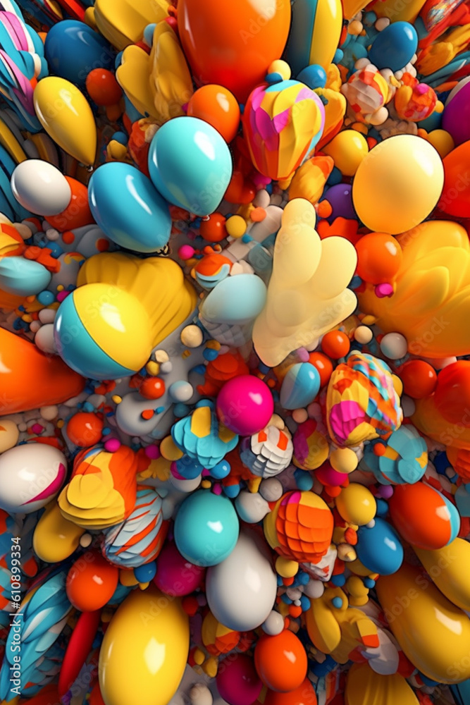 Aufkleber  An illustration of abstract balloons in various sizes and shapes, rendered in bold and contrasting colors, creating a visually striking and eye-catching image.  Generative AI technology.