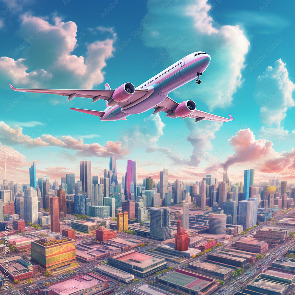 Poster a digital composition of abstract airplanes against a backdrop of cityscape or iconic landmarks, sym