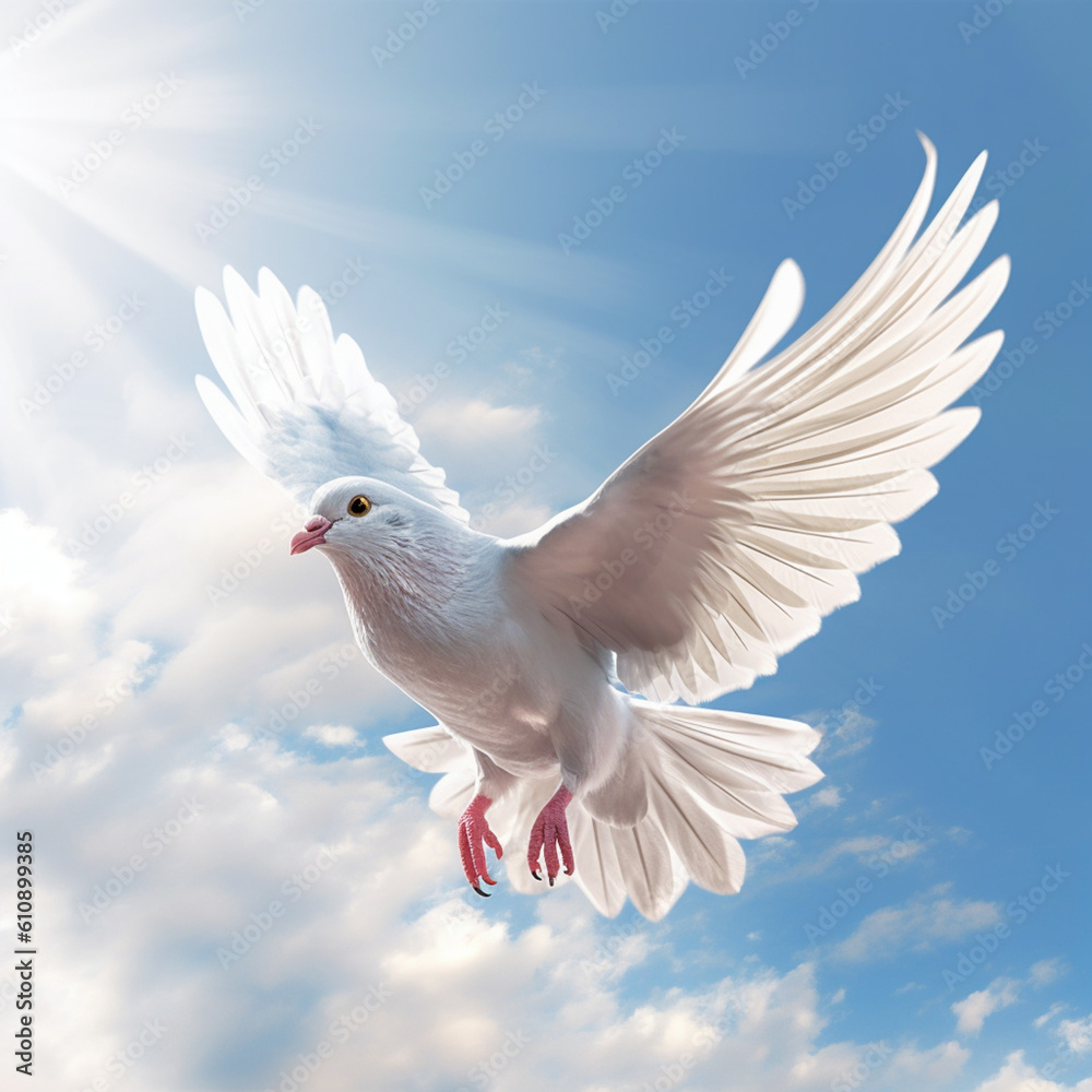 Poster a digital artwork depicting a dove flying against a backdrop of a clear blue sky, representing peace