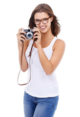 Camera, happy and photographer woman isolated on transparent, png background for picture. Female model person with glasses, smile and photography gear for creativity and shooting for hobby or career
