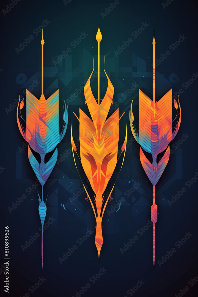 Poster  A series of abstract illustrations of bow and arrow silhouettes, playing with negative space and geometric patterns to create a visually captivating composition.  Generative AI technology.