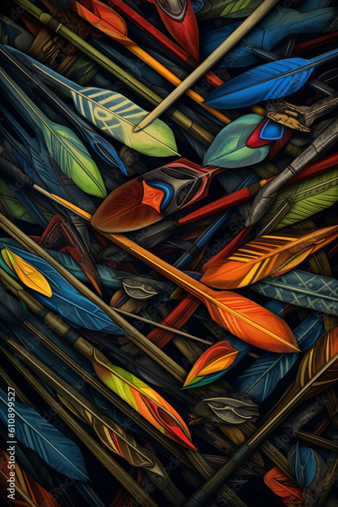 Poster  A series of abstract drawings depicting bow and arrow motifs in different styles, showcasing the diverse interpretations and artistic approaches to this subject matter.  Generative AI technology.