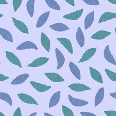 Fototapeta premium Monochrome leaves seamless pattern. Violet and green abstract leaves on light lilac background. Foliage pattern illustration. Leafy allover print