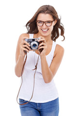 Excited, happy and photographer woman with camera isolated on a transparent, png background for picture. Model person with photography gear and glasses for creativity and shooting for hobby or career