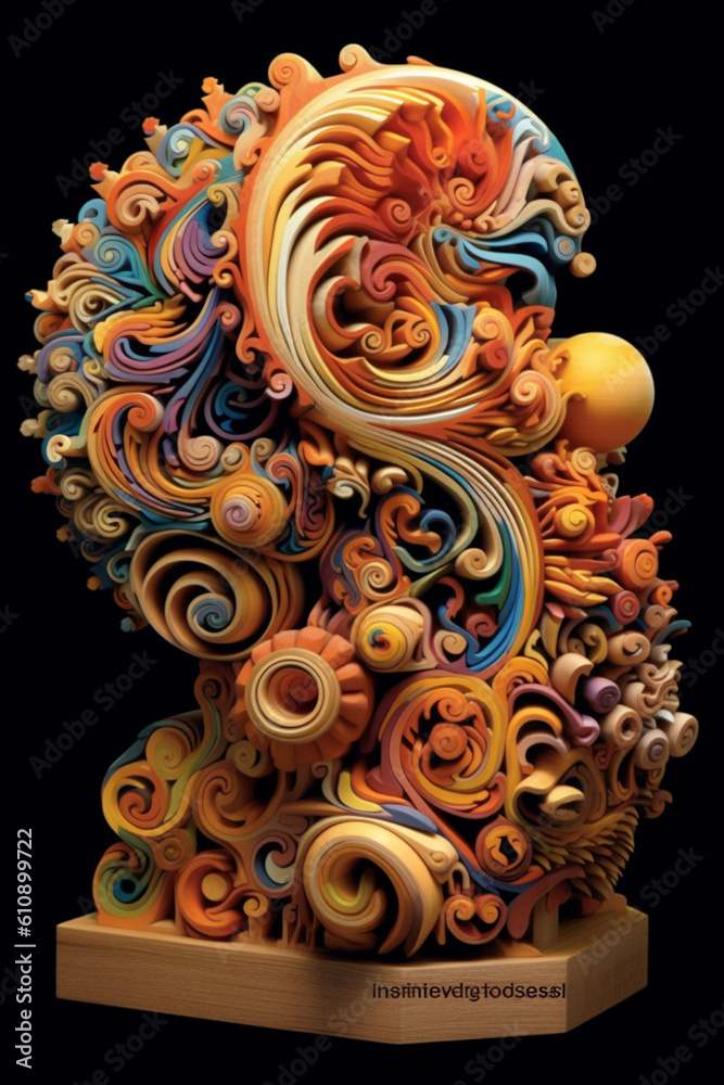 Poster an abstract wooden sculpture crafted with intricate carvings and unconventional shapes, showcasing t