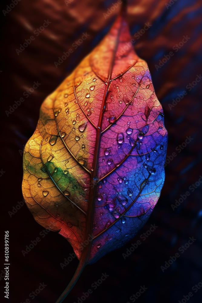 Poster  A close-up photograph of a real leaf with a surreal twist, where vibrant hues and unexpected textures create a visually captivating and abstract composition. Generative AI technology.