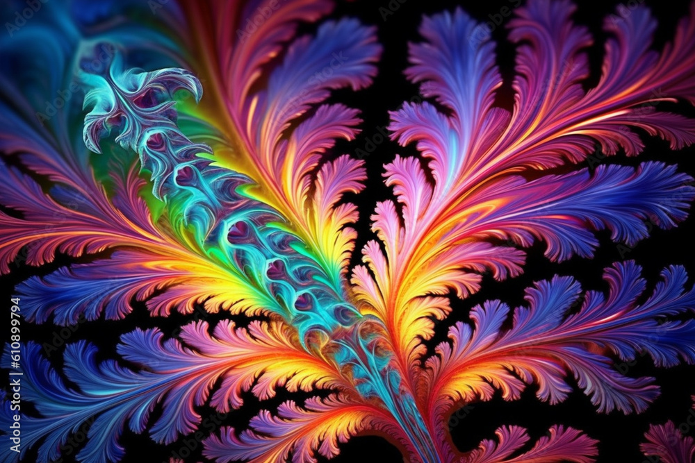 Poster A digital fractal art image inspired by a leaf's intricate patterns, with intricate fractal shapes and mesmerizing color gradients.  Generative AI technology.