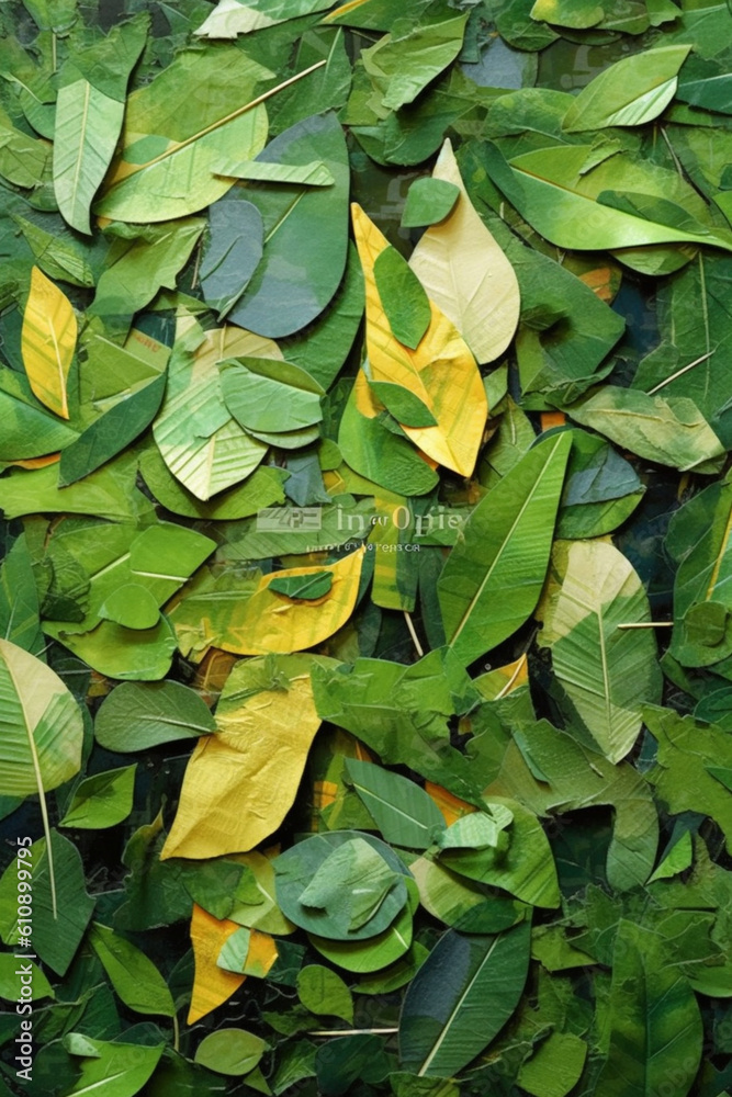 Poster An abstract mixed-media collage featuring torn pieces of paper in various shades of green, creating the illusion of a leaf's texture and form.  Generative AI technology.