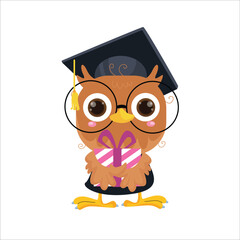 vector cartoon illustration of a cute owl hugging a birthday present