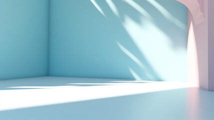 shadows and sunlight on a wall and flooring, pastel colors, shadows of trees and windows, generative ai