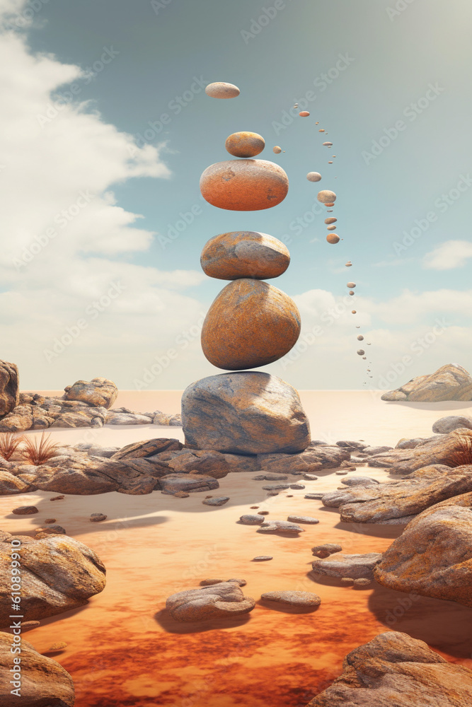 Poster an abstract surreal landscape photograph featuring levitating rocks and inverted landscapes, creatin
