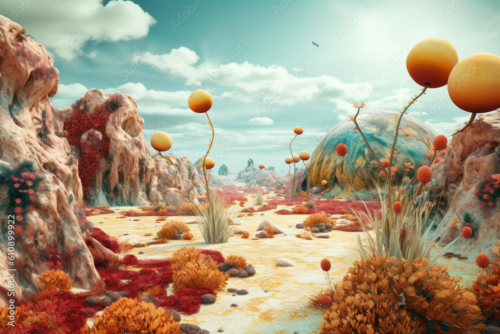 Poster an abstract mixed-media artwork depicting a surreal desert landscape with floating islands and celes