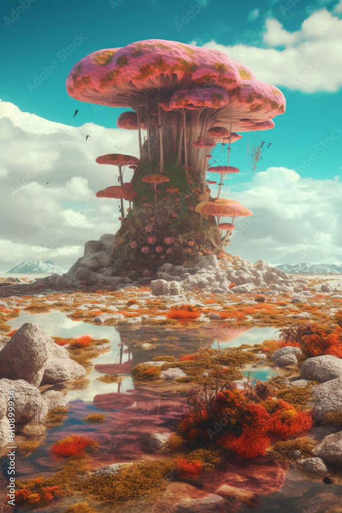 Poster  A surreal landscape photograph with juxtaposed elements from different environments, creating a unique and captivating visual narrative.  Generative AI technology.