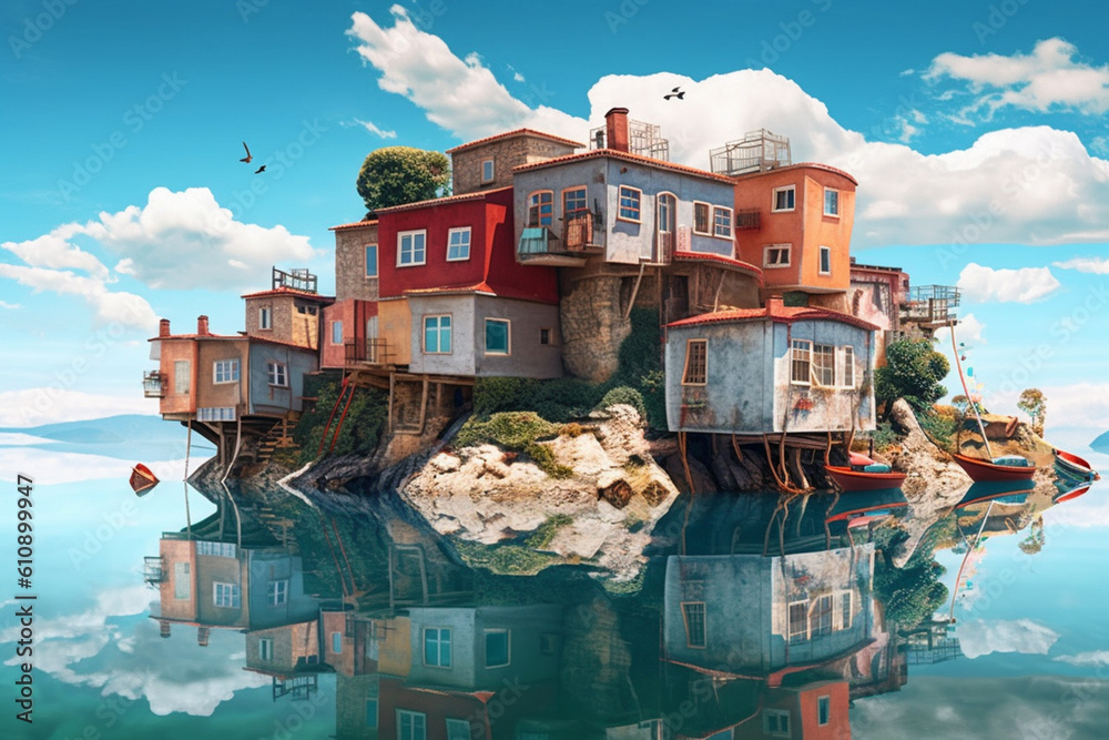 Aufkleber a digital illustration of a surreal coastal landscape with upside-down houses and floating boats, ev