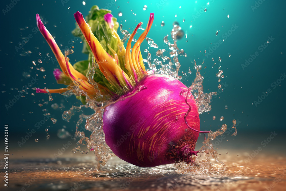 Poster an vibrant photograph of a turnip splashed in bright paint, symbolizing freshness and health. genera