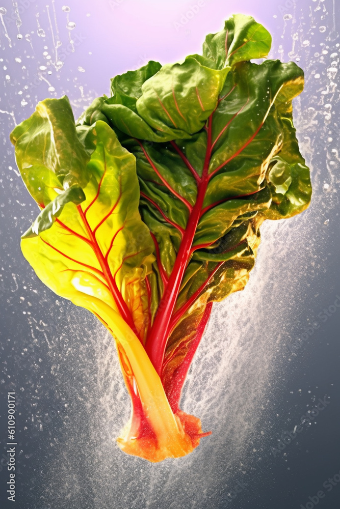 Aufkleber an abstract surreal photograph of a swiss chard splashed in bright paint, symbolizing freshness and 