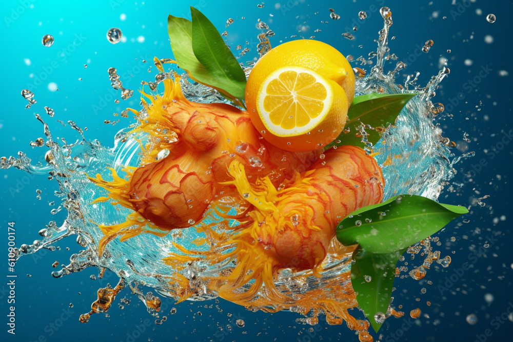 Aufkleber an vibrant photograph of a ginger splashed in bright paint, symbolizing freshness and health. genera