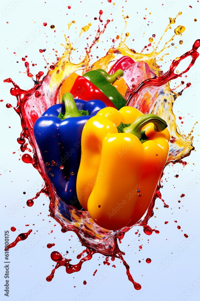 Poster An abstract surreal photograph of a Peppers splashed in bright paint, symbolizing freshness and health.  Generative AI technology.