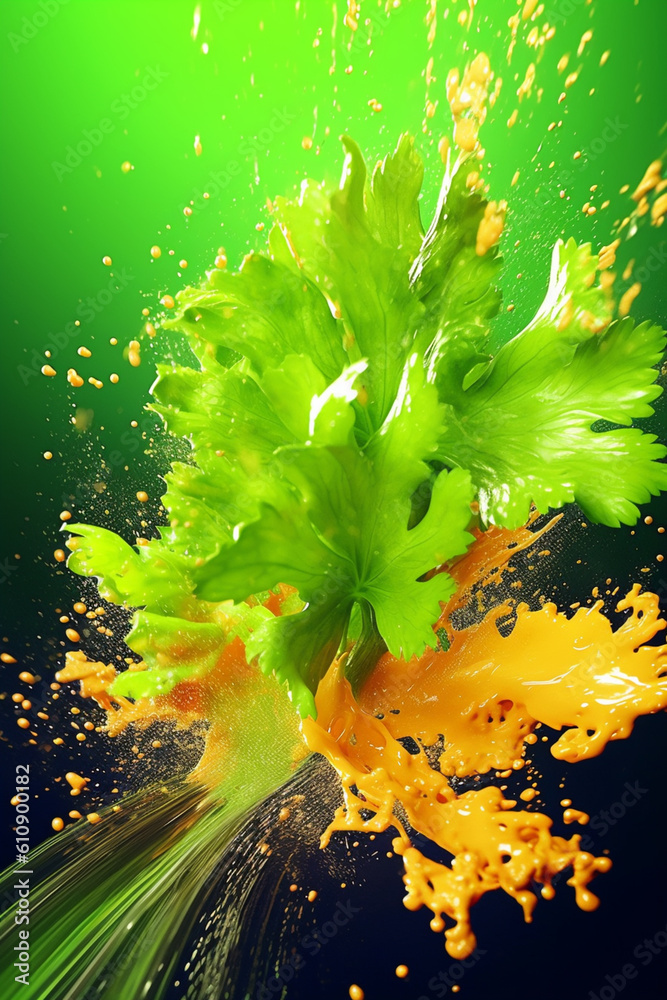 Poster An abstract surreal photograph of a Cilantro splashed in bright paint, symbolizing freshness and health. Generative AI technology.