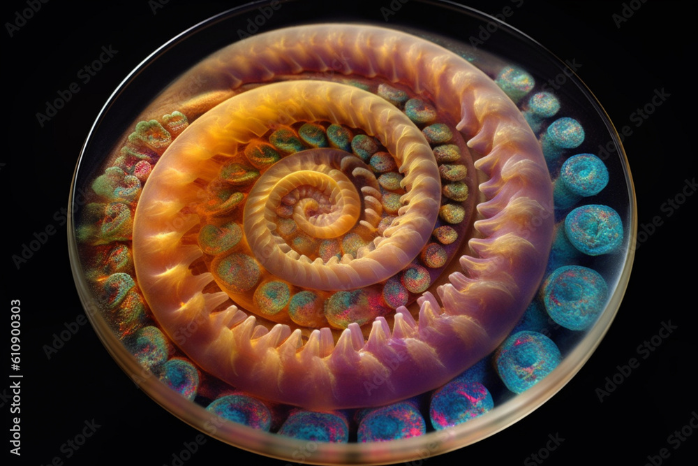 Poster A petri dish with bacterial colonies arranged in a spiral pattern, reminiscent of a seashell. Generative AI technology.